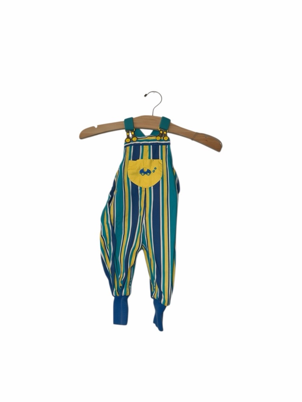 VTG Gymboree RAINBOW TAG Infant Striped Car Overalls Romper Teal Blue Yellow 0-6